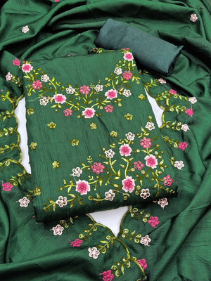 Peachmode Green Multi Thread Floral Embroidered Jalpari Silk Dress Material - Image 1