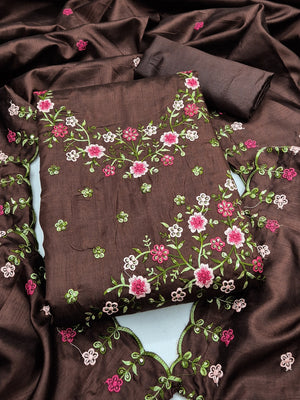 Peachmode Coffee Brown Multi Thread Floral Embroidered Jalpari Silk Dress Material - Image 1