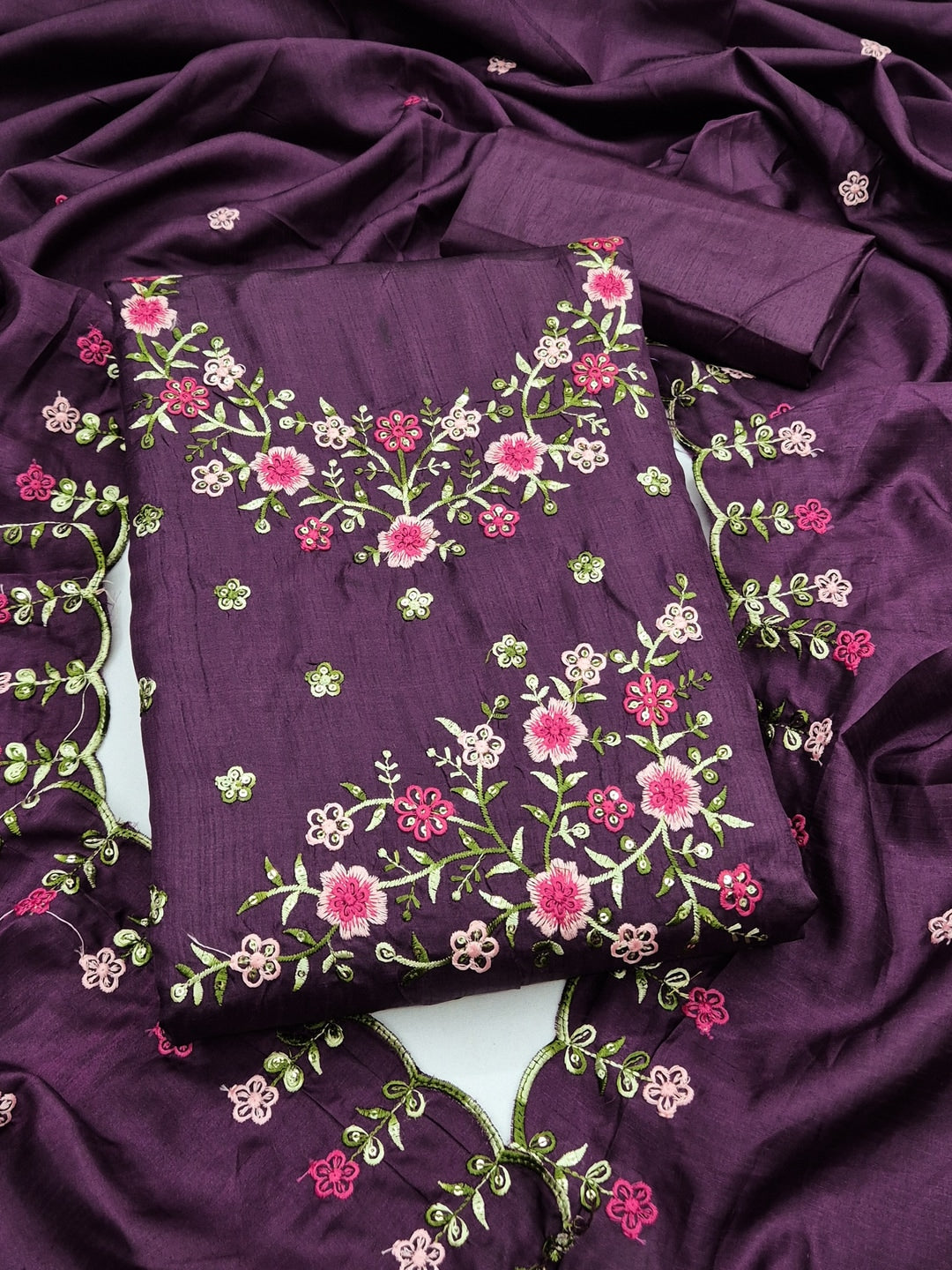 Peachmode Wine Multi Thread Floral Embroidered Jalpari Silk Dress Material - Image 1