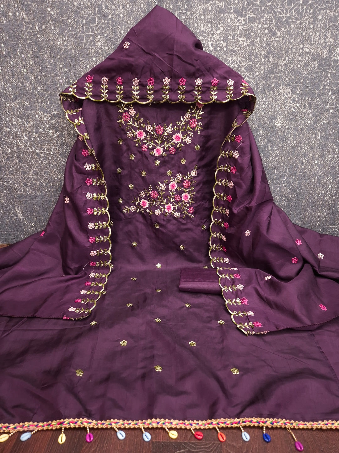 Peachmode Wine Multi Thread Floral Embroidered Jalpari Silk Dress Material - Image 4