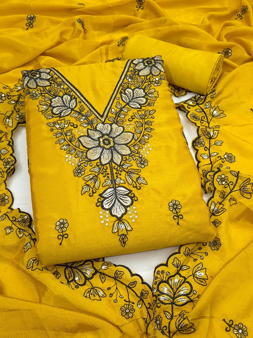 Peachmode Mustard Thread Sequin Embroidered Chinon Silk Dress Material - Image 1