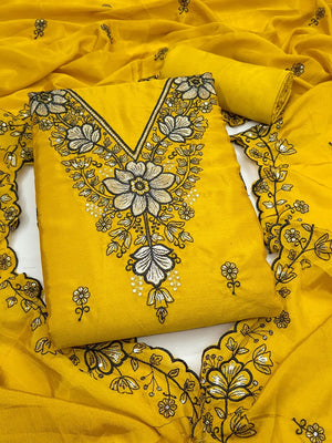 Peachmode Mustard Thread Sequin Embroidered Chinon Silk Dress Material - Image 1