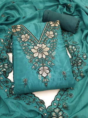 Peachmode Rama Green Thread Sequin Embroidered Chinon Silk Dress Material - Image 1