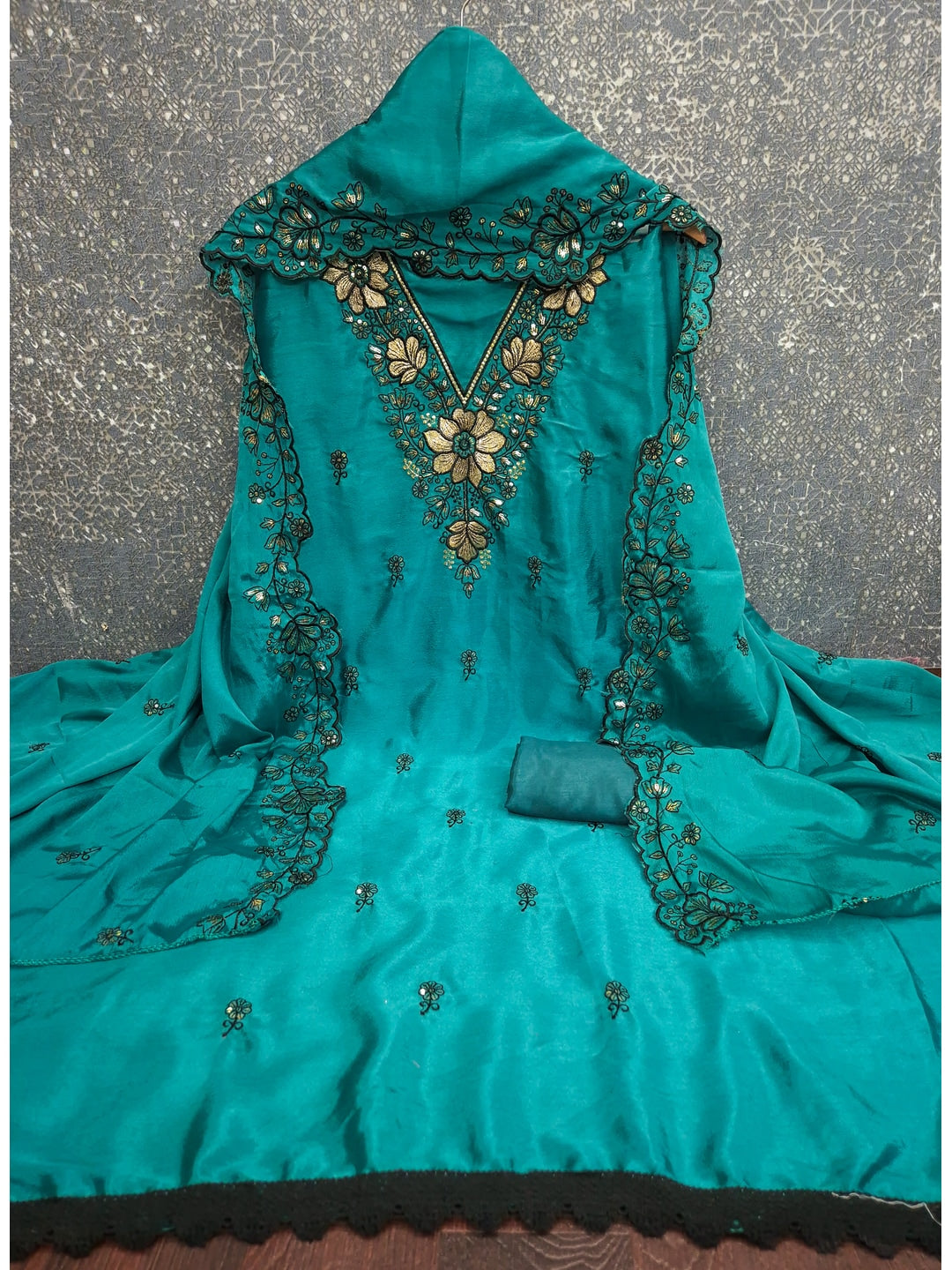 Peachmode Rama Green Thread Sequin Embroidered Chinon Silk Dress Material - Image 4