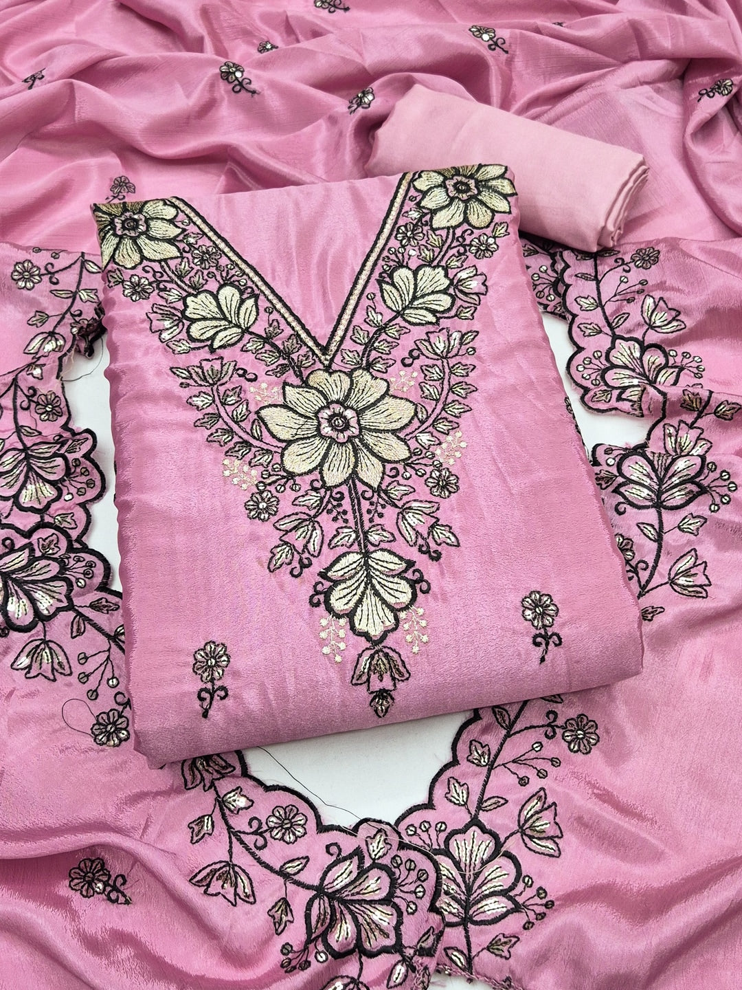 Peachmode Pink Thread Sequin Embroidered Chinon Silk Dress Material - Image 1