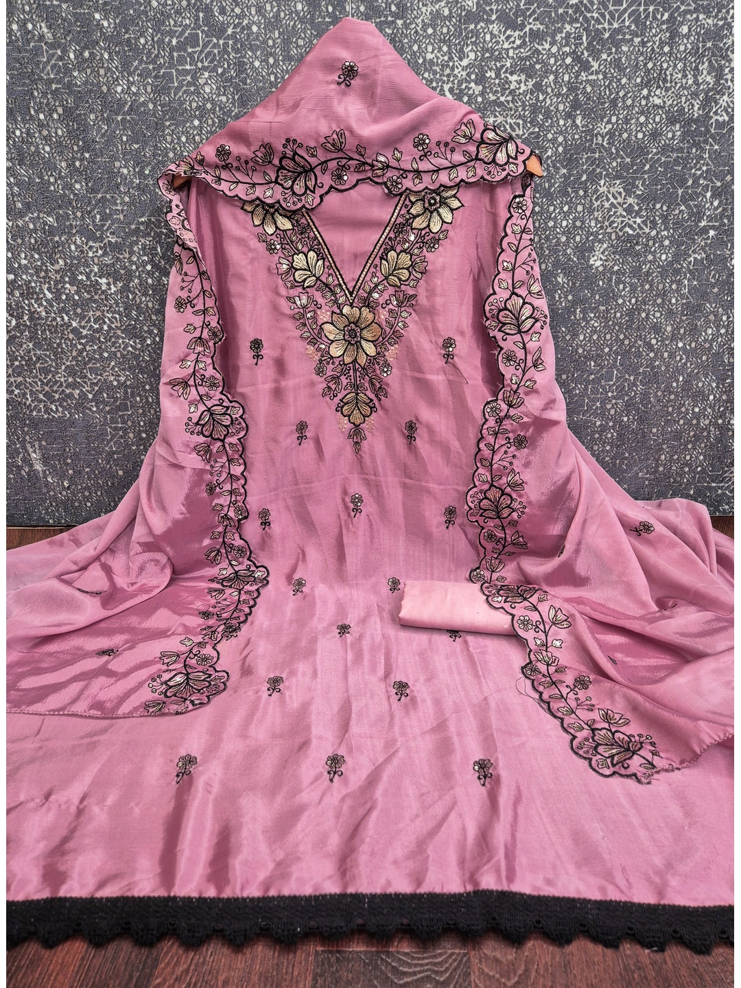 Peachmode Pink Thread Sequin Embroidered Chinon Silk Dress Material - Image 3