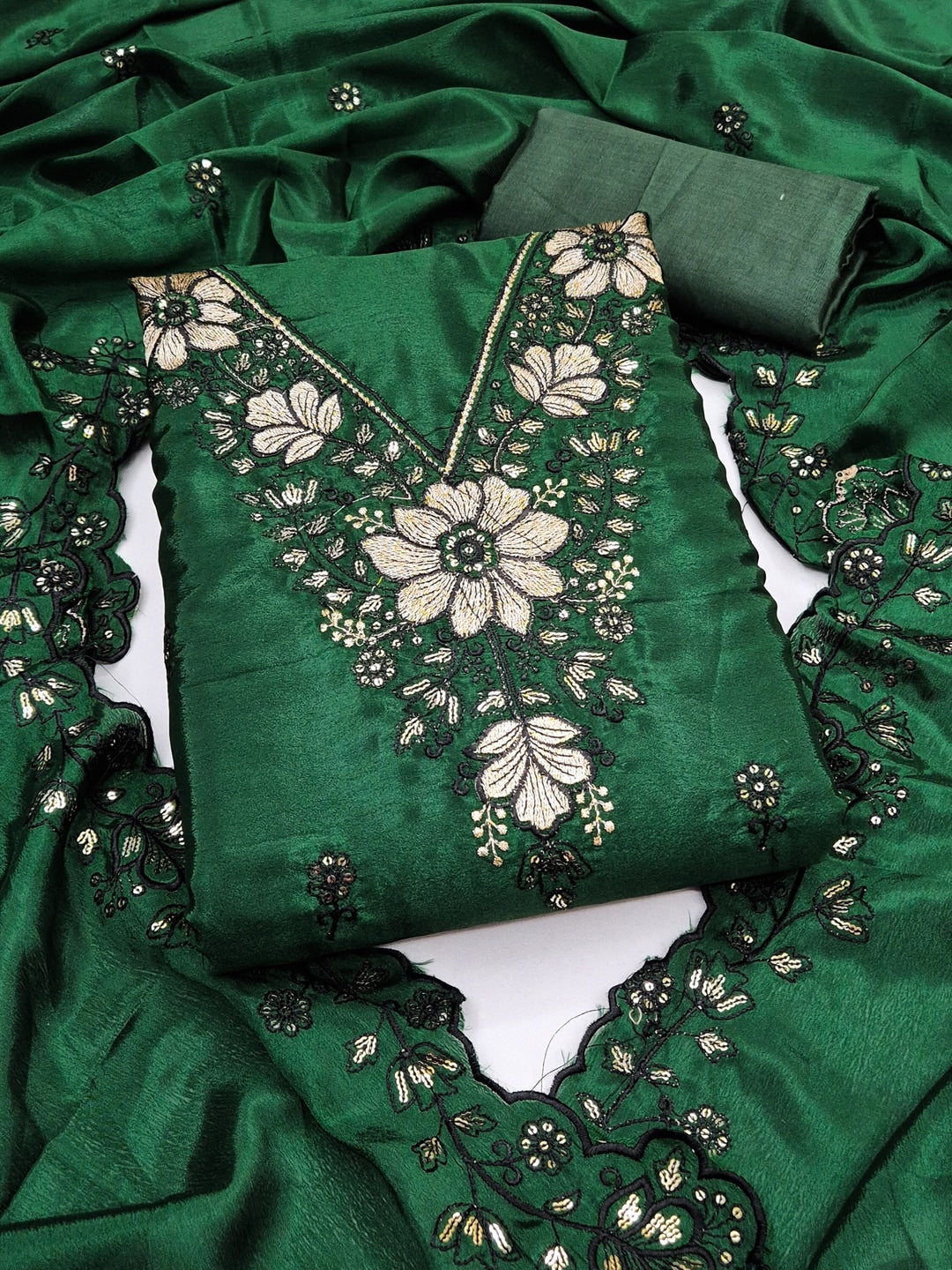 Peachmode Green Thread Sequin Embroidered Chinon Silk Dress Material - Image 1