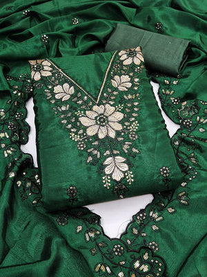 Peachmode Green Thread Sequin Embroidered Chinon Silk Dress Material - Image 1