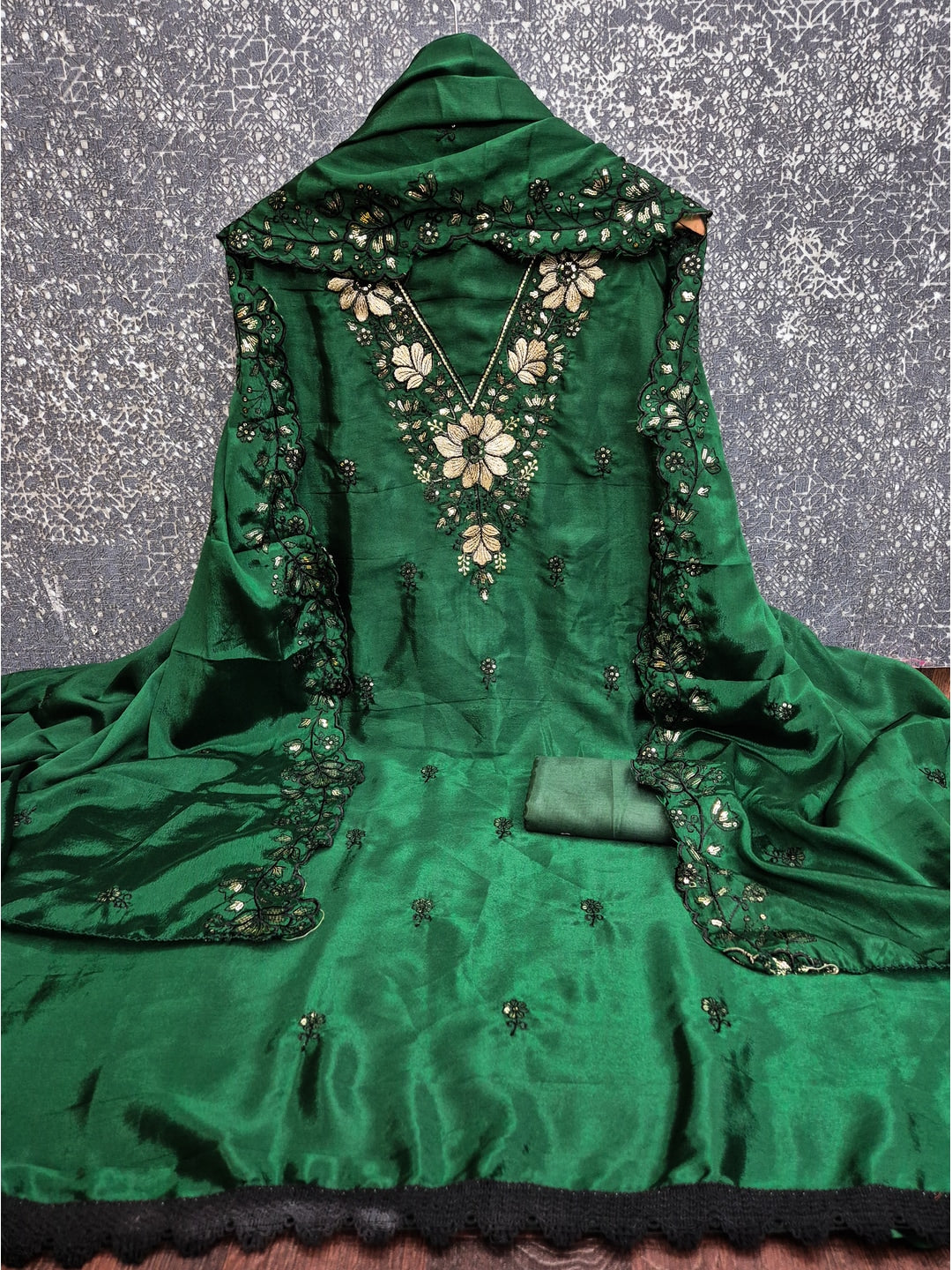 Peachmode Green Thread Sequin Embroidered Chinon Silk Dress Material - Image 4