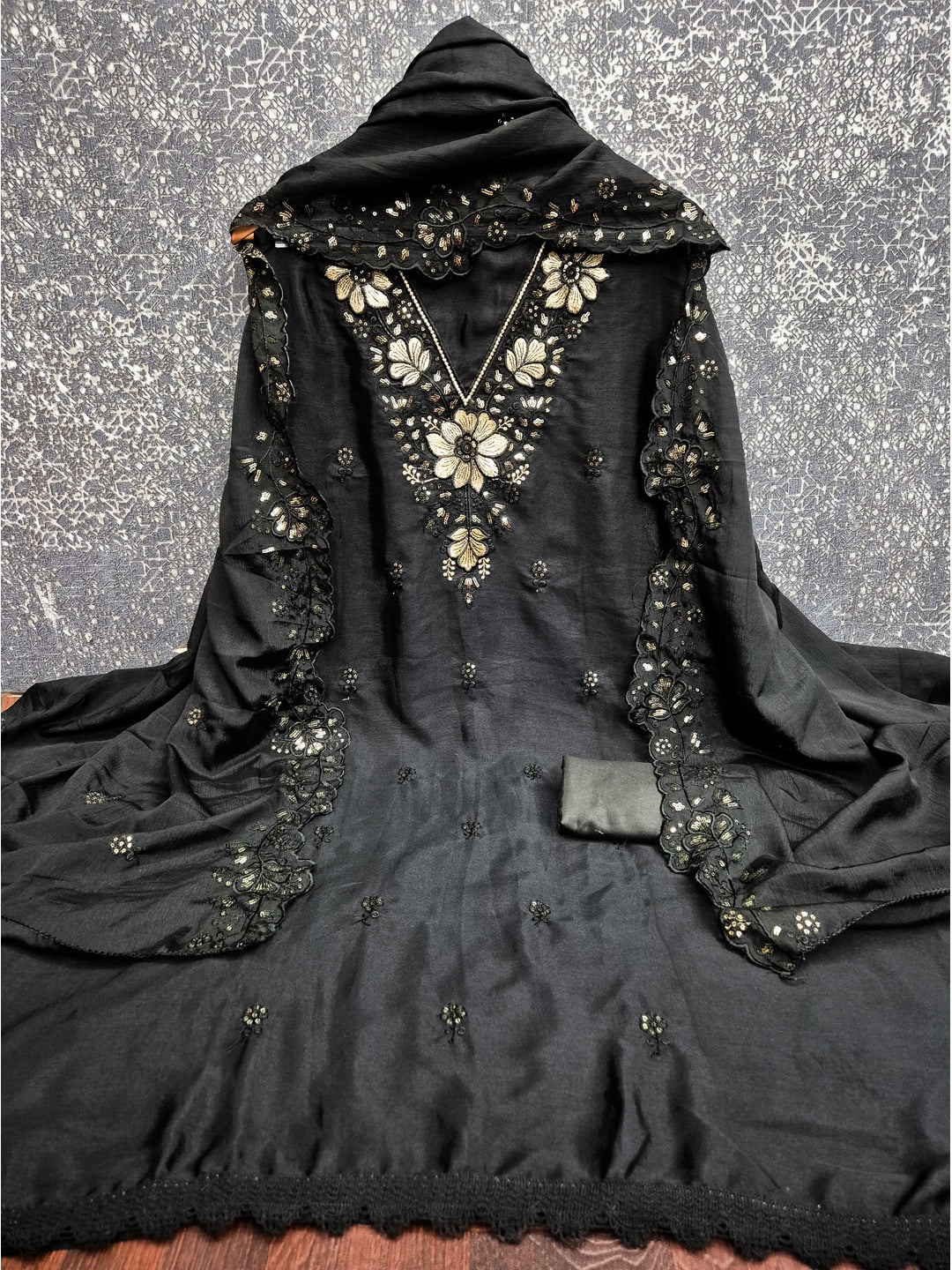 Peachmode Black Thread Sequin Embroidered Chinon Silk Dress Material - Image 4