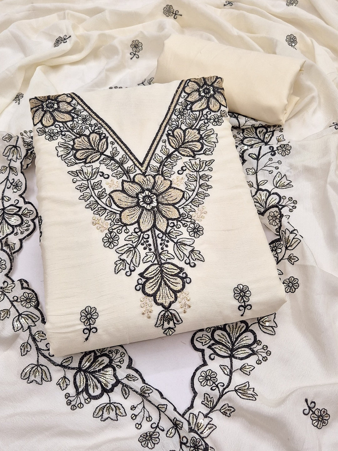 Peachmode Cream Thread Sequin Embroidered Chinon Silk Dress Material - Image 1