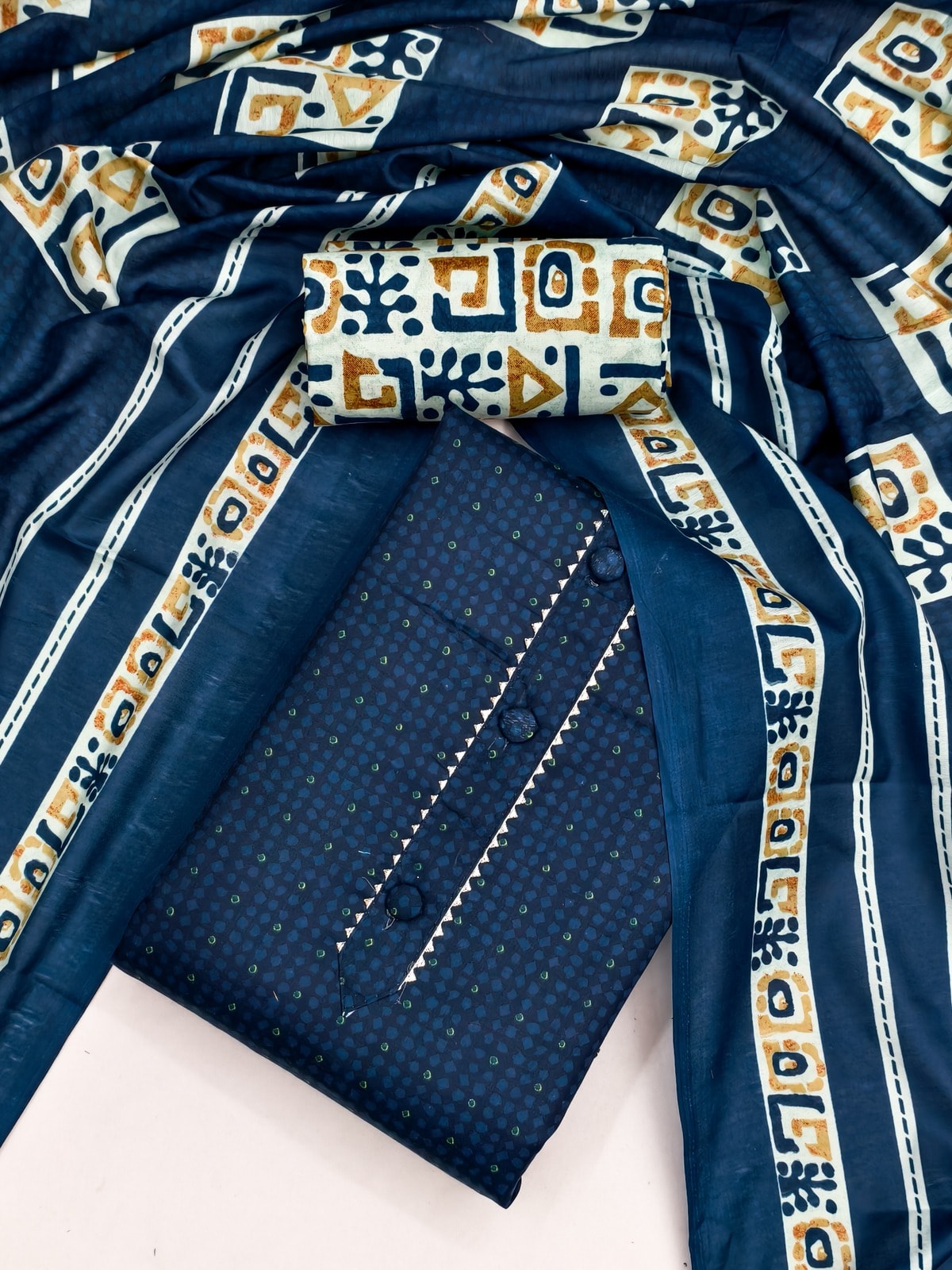 Peachmode Navy Blue Printed Cotton Blend Dress Material - Image 4