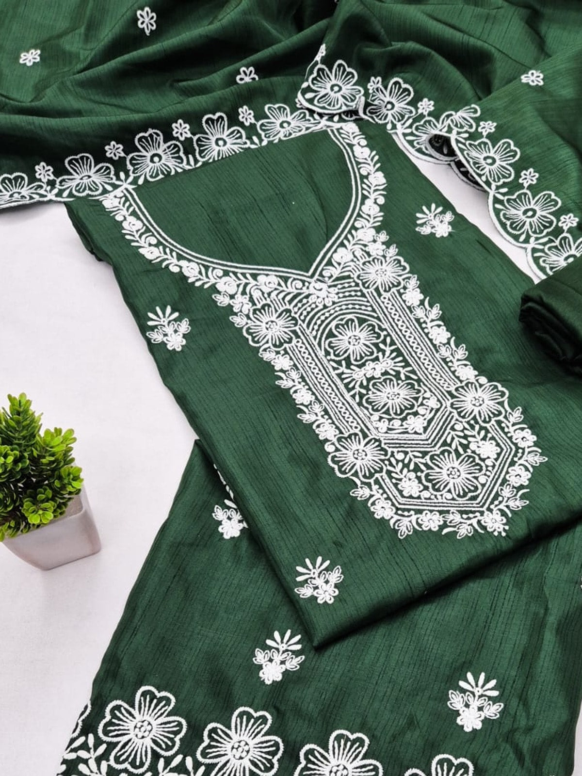 Peachmode Green Chikankari Thread Work Jalpari Silk Dress Material - Image 5