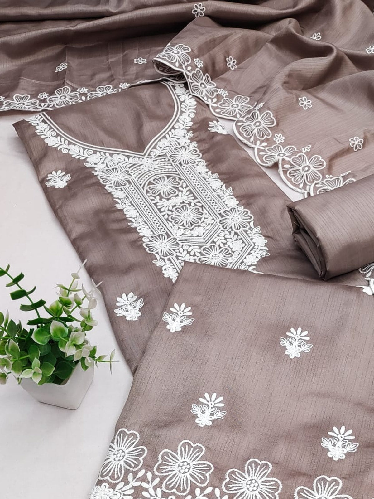 Peachmode Coffee Brown Chikankari Thread Work Jalpari Silk Dress Material - Image 5