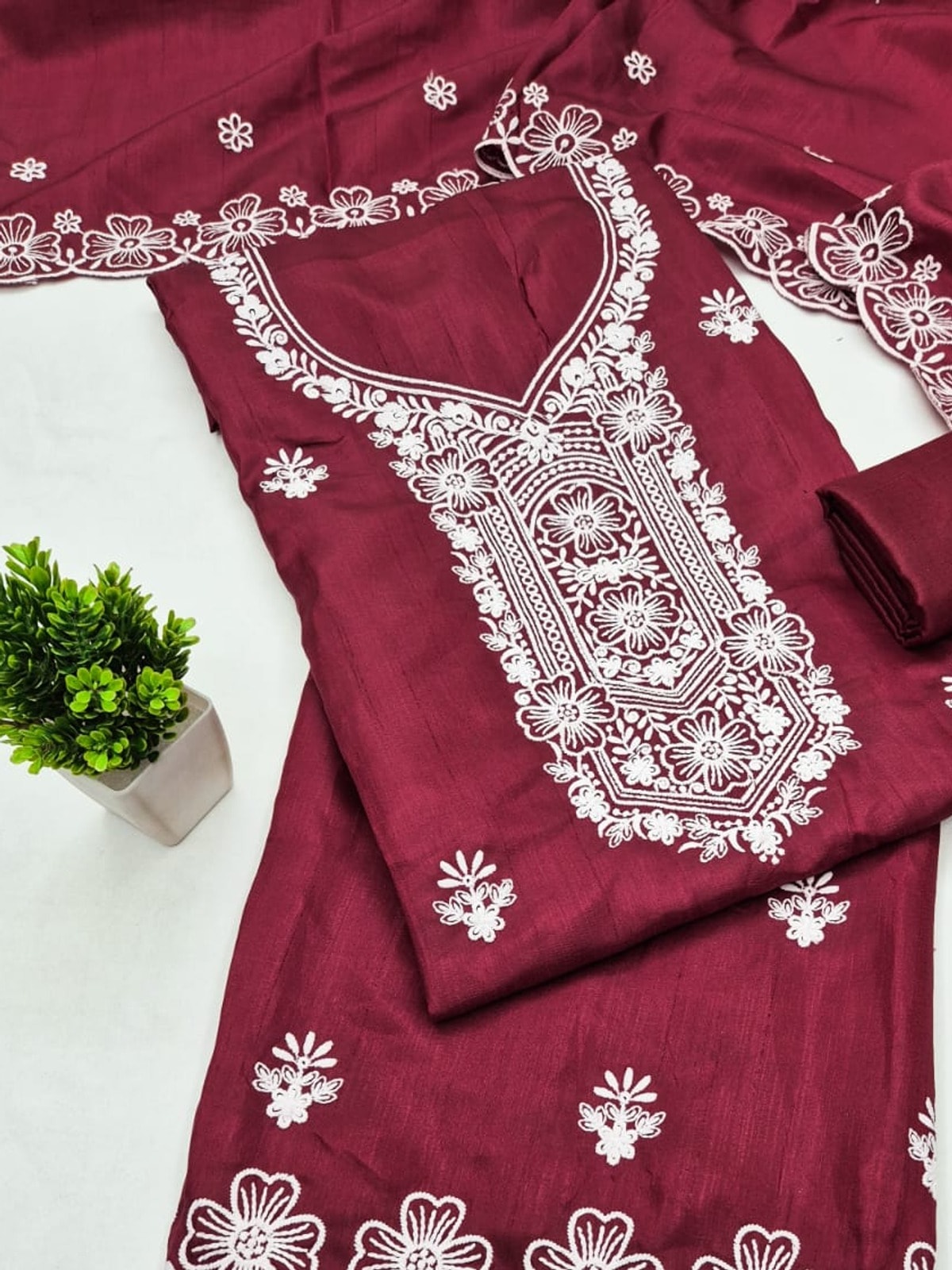 Peachmode Maroon Chikankari Thread Work Jalpari Silk Dress Material - Image 5