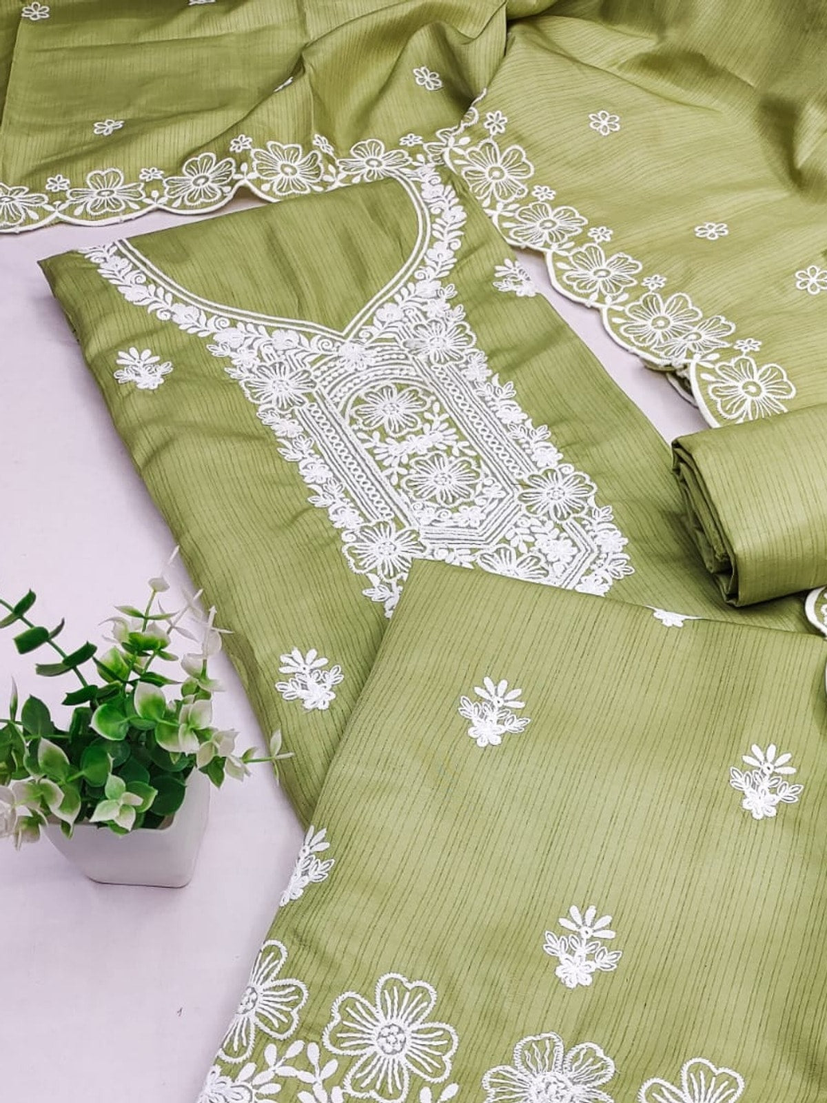 Peachmode Pista Green Chikankari Thread Work Jalpari Silk Dress Material - Image 5