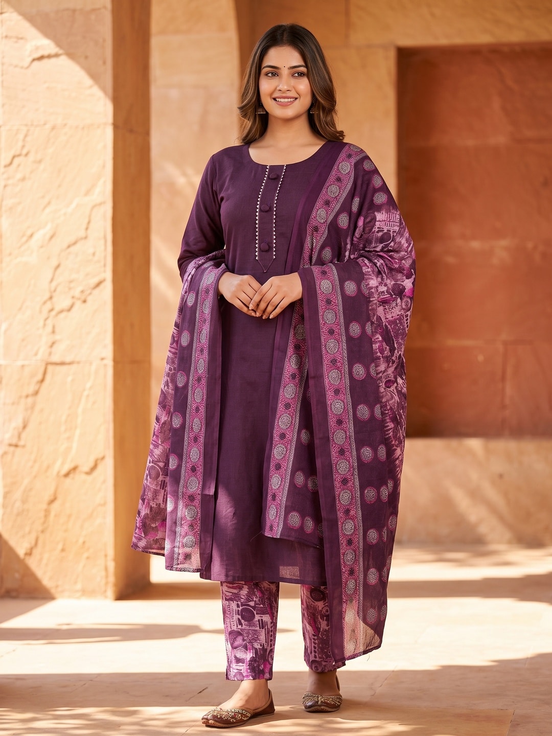 Peachmode Wine Printed Cotton Blend Dress Material - Image 2