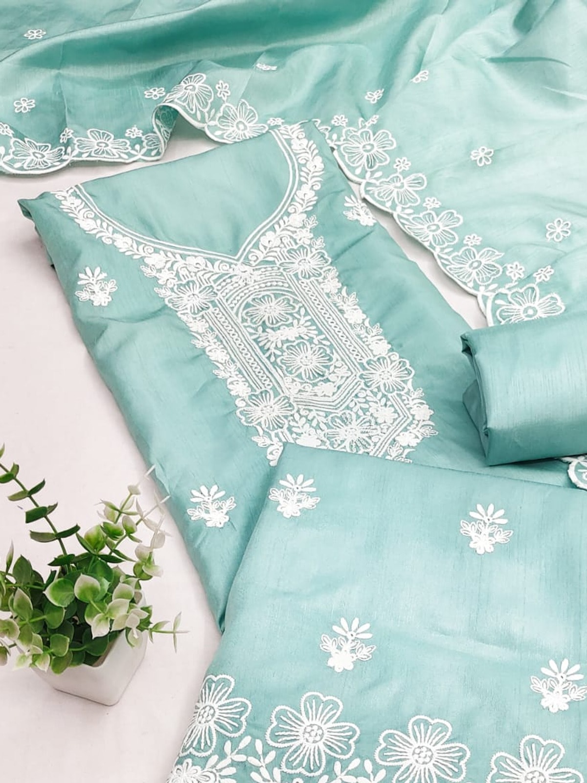 Peachmode Sea Green Chikankari Thread Work Jalpari Silk Dress Material - Image 5