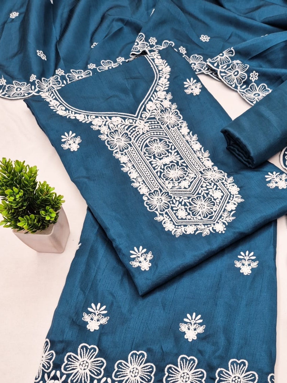 Peachmode Teal Chikankari Thread Work Jalpari Silk Dress Material - Image 5
