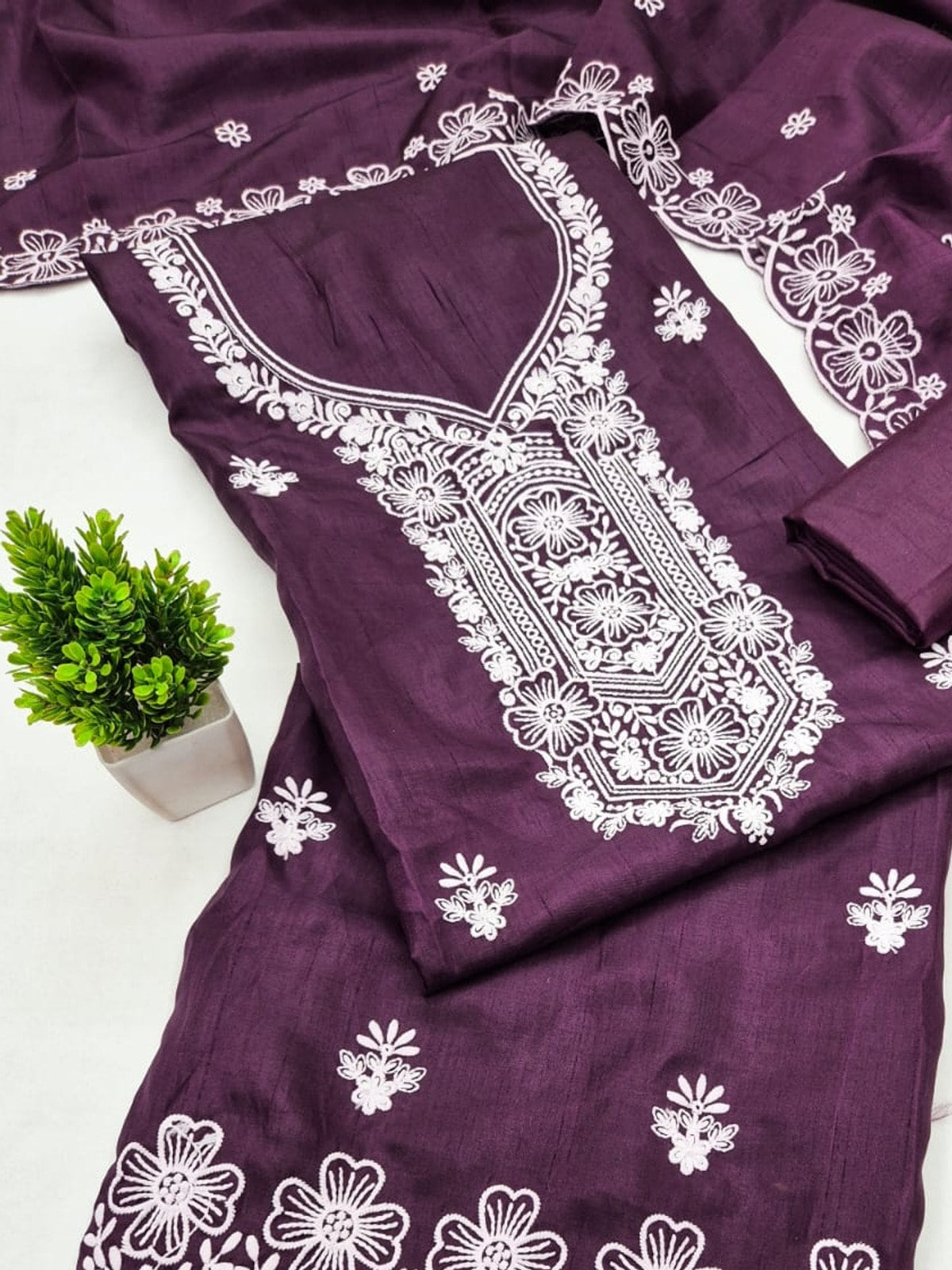 Peachmode Wine Chikankari Thread Work Jalpari Silk Dress Material - Image 5