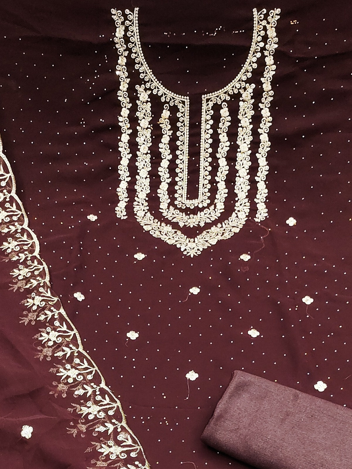 Peachmode Coffee Brown Zari Work Georgette Dress Material - Image 5