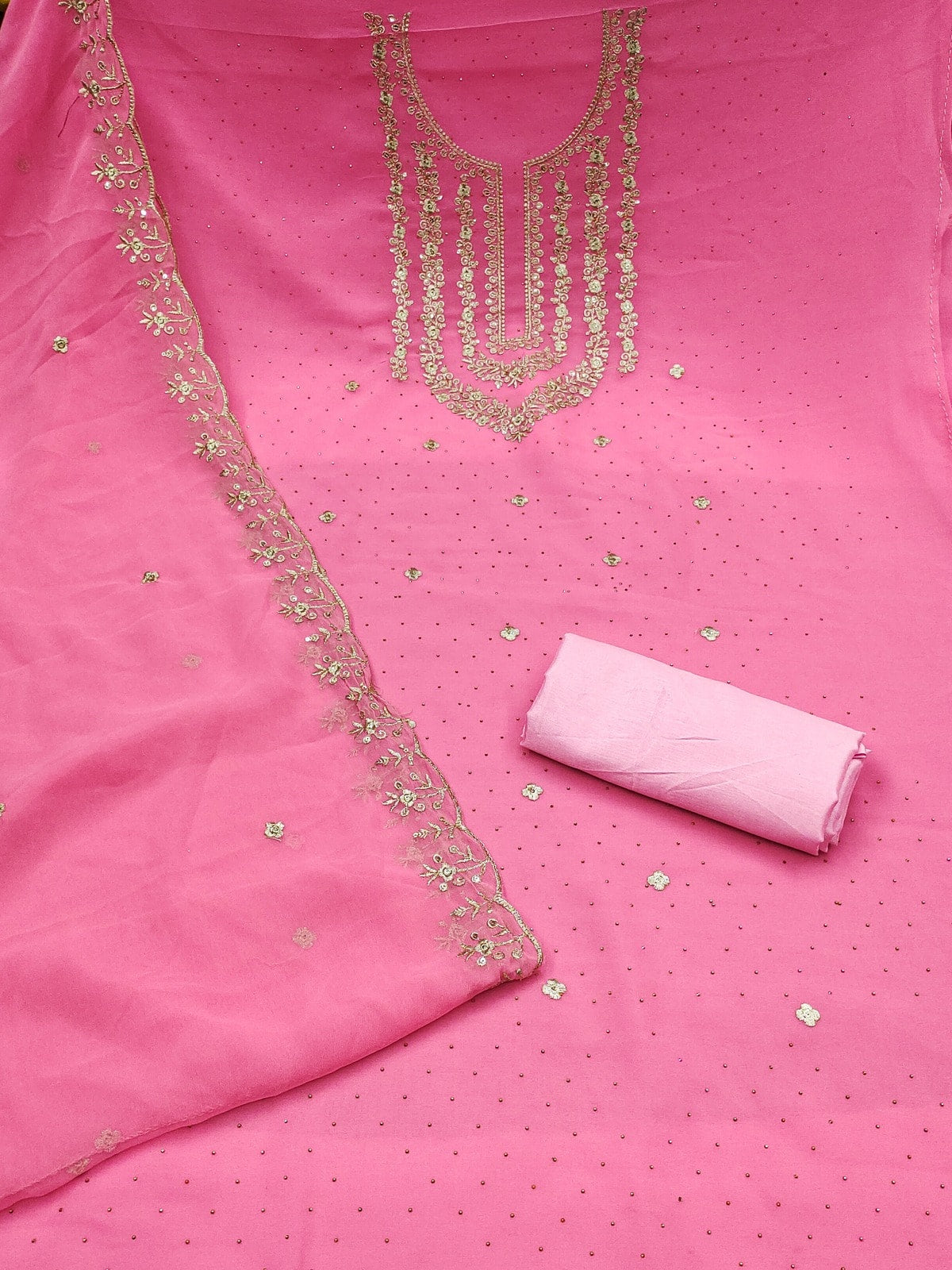 Peachmode Pink Zari Work Georgette Dress Material - Image 3
