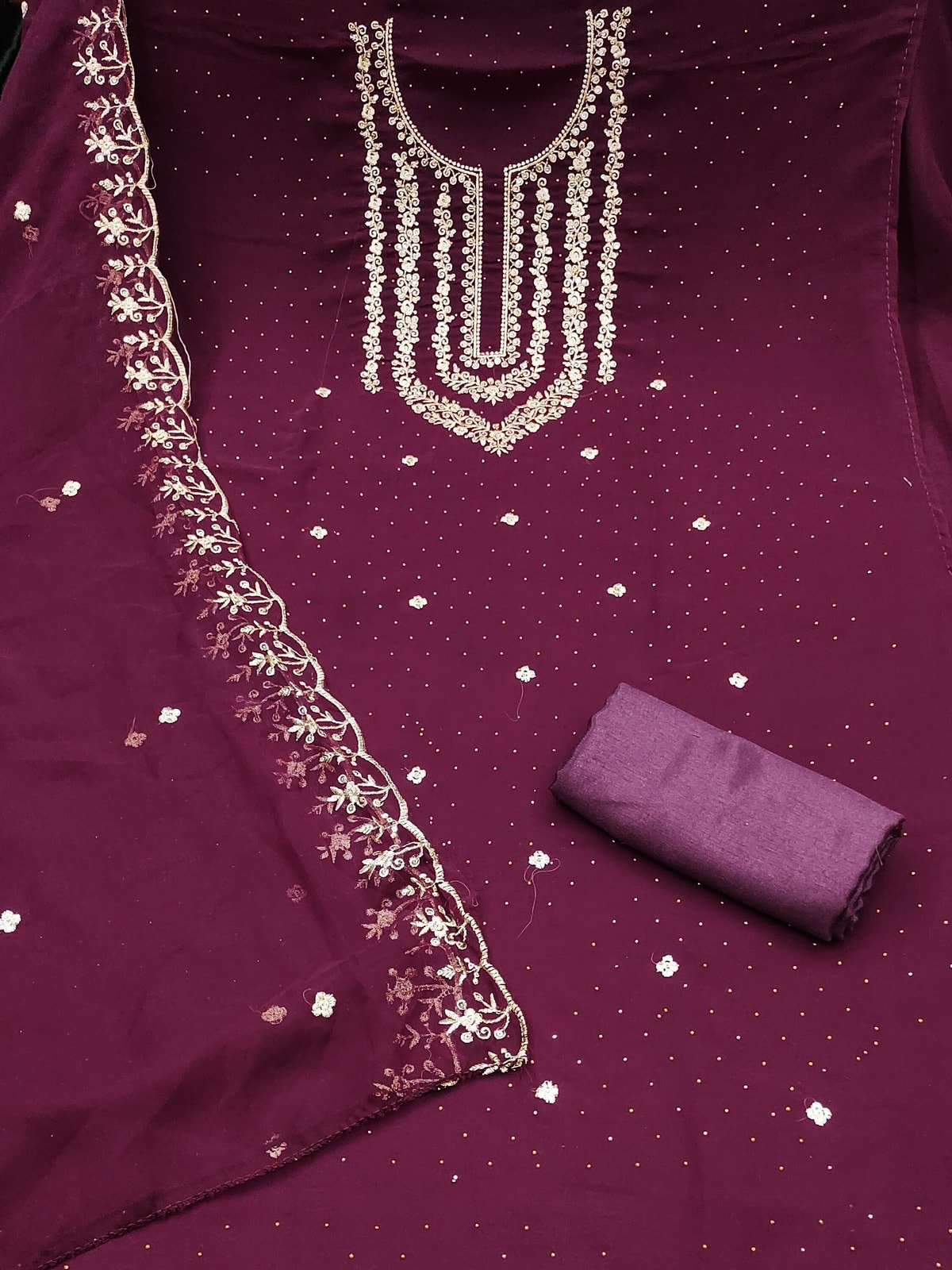 Peachmode Wine Zari Work Georgette Dress Material - Image 4