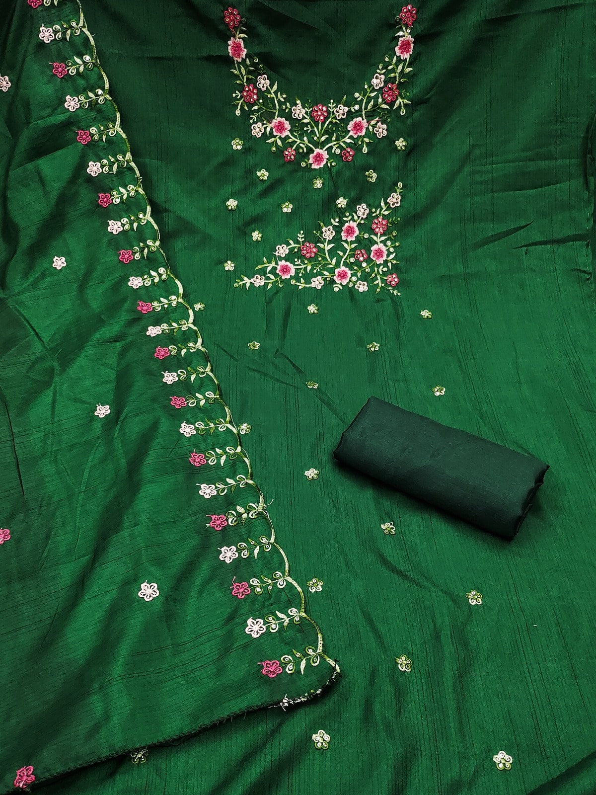 Peachmode Green Multi Thread Floral Embroidered Jalpari Silk Dress Material - Image 3