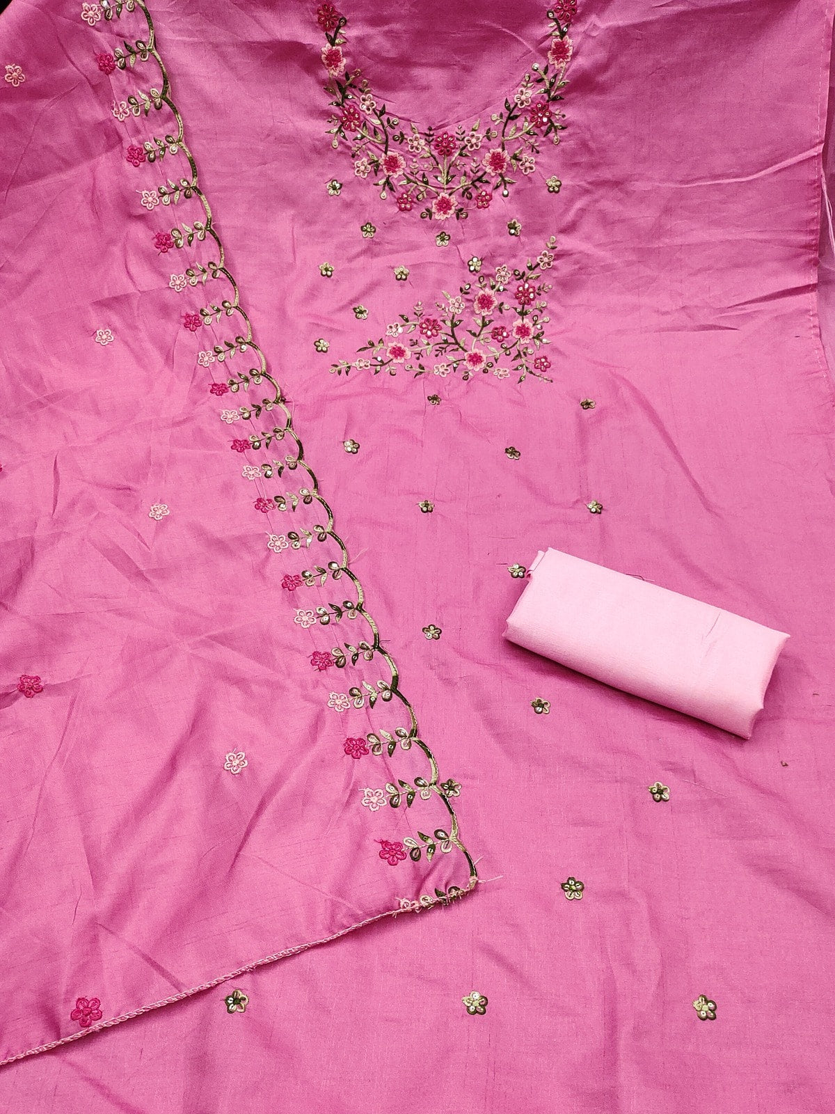 Peachmode Pink Multi Thread Floral Embroidered Jalpari Silk Dress Material - Image 3