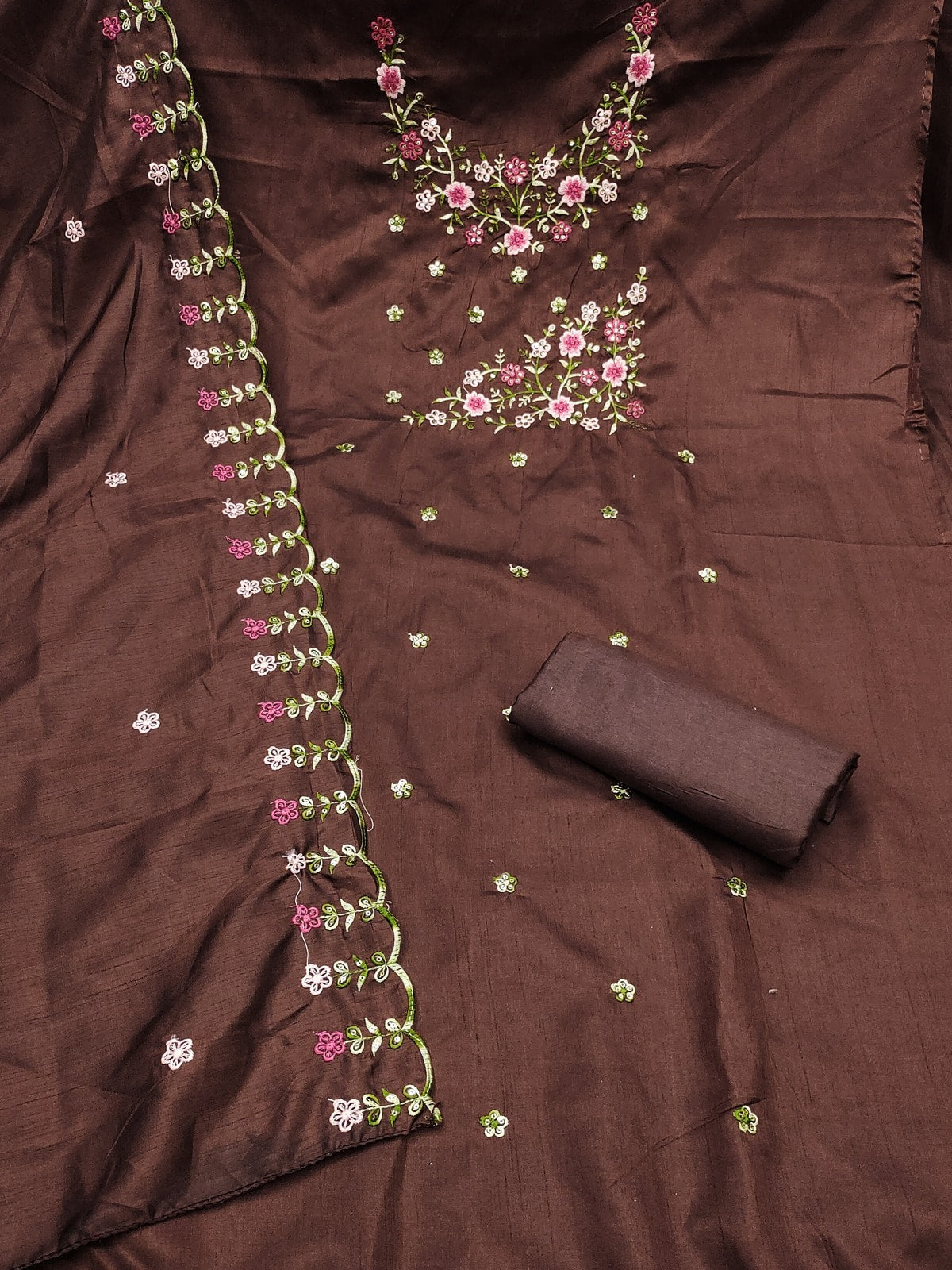 Peachmode Coffee Brown Multi Thread Floral Embroidered Jalpari Silk Dress Material - Image 4