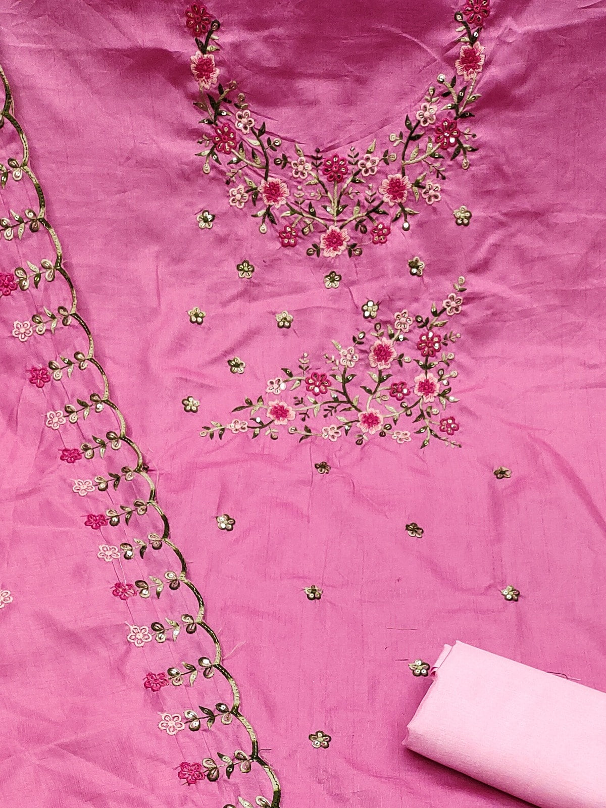Peachmode Pink Multi Thread Floral Embroidered Jalpari Silk Dress Material - Image 5