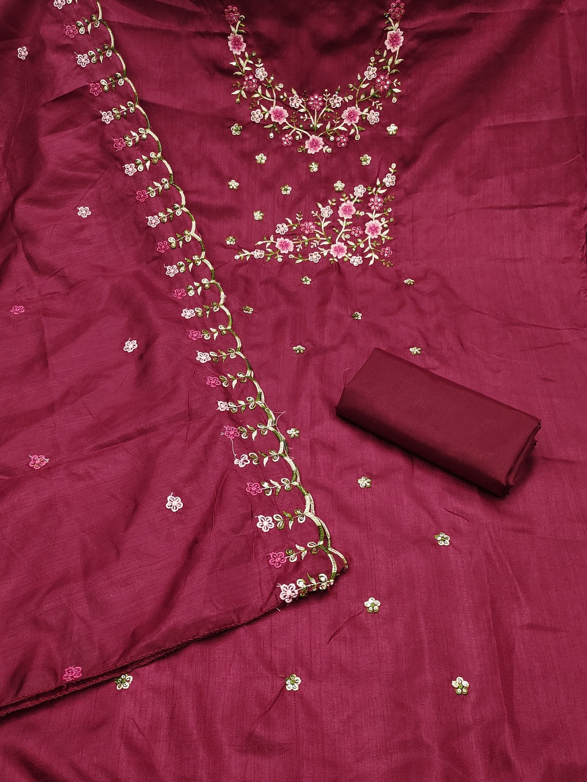 Peachmode Maroon Multi Thread Floral Embroidered Jalpari Silk Dress Material - Image 3