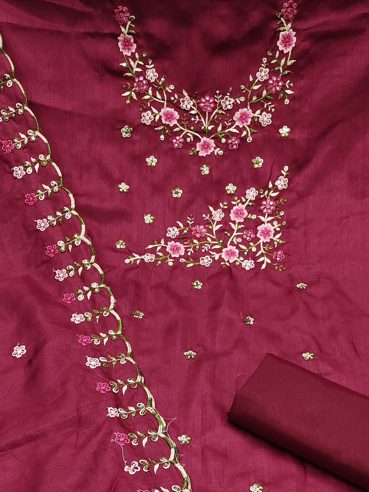 Peachmode Maroon Multi Thread Floral Embroidered Jalpari Silk Dress Material - Image 5