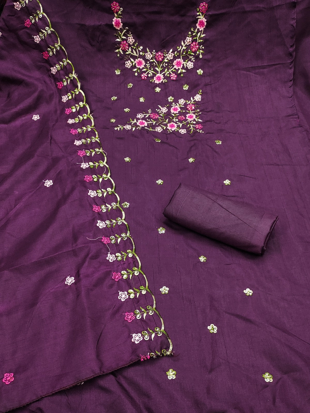 Peachmode Wine Multi Thread Floral Embroidered Jalpari Silk Dress Material - Image 3