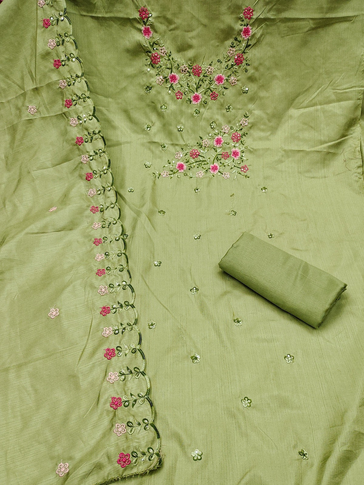 Peachmode Pista Green Multi Thread Floral Embroidered Jalpari Silk Dress Material - Image 3