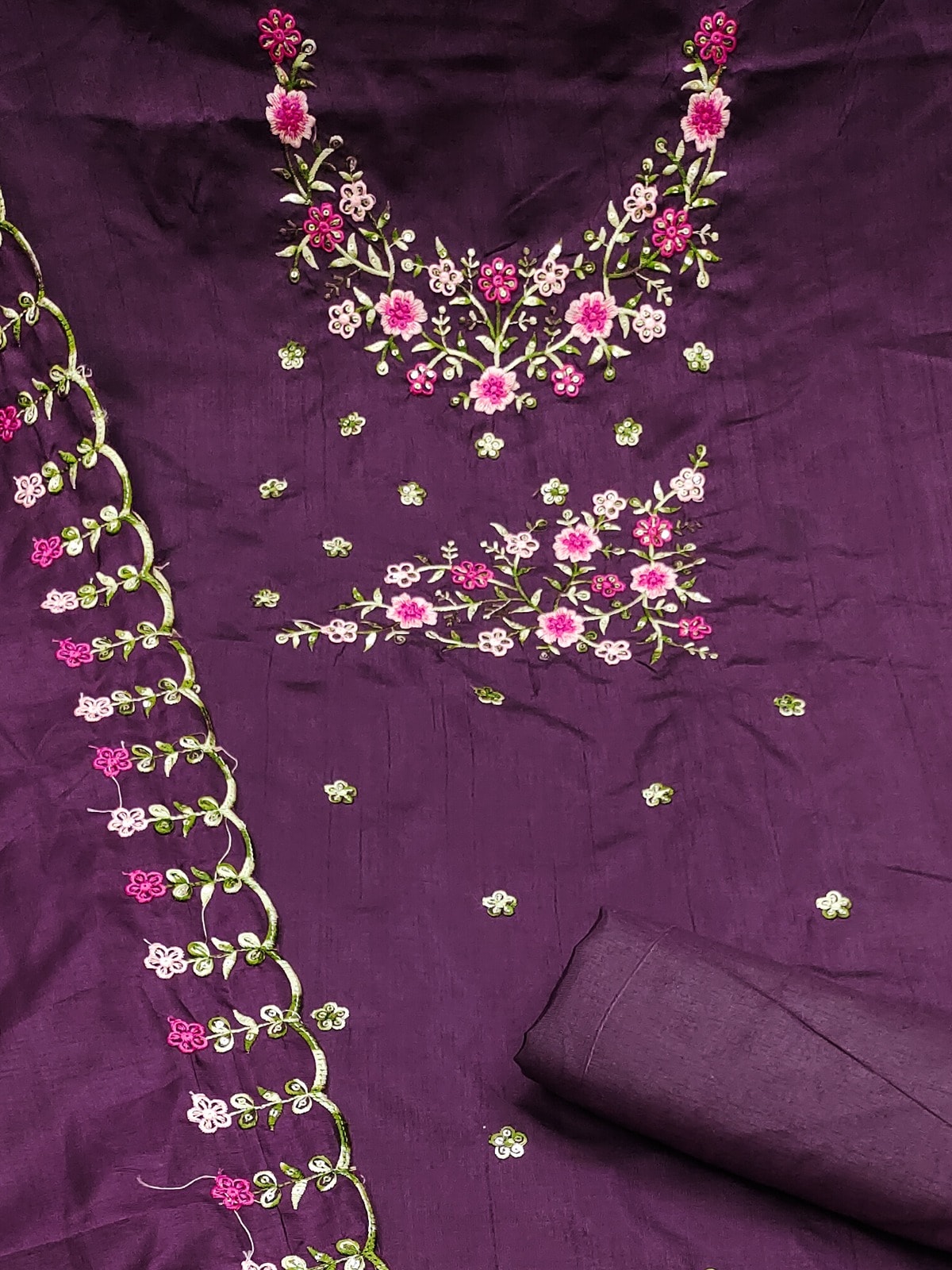 Peachmode Wine Multi Thread Floral Embroidered Jalpari Silk Dress Material - Image 5