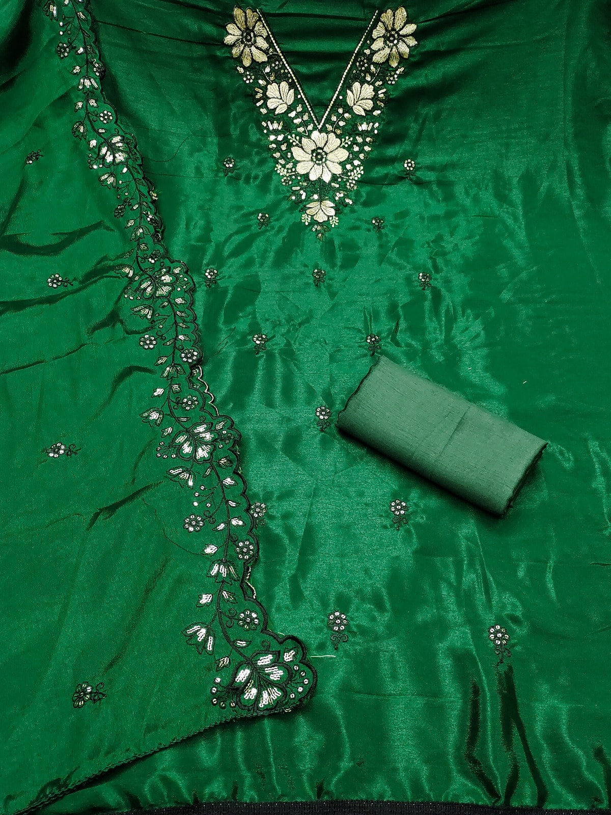 Peachmode Green Thread Sequin Embroidered Chinon Silk Dress Material - Image 3