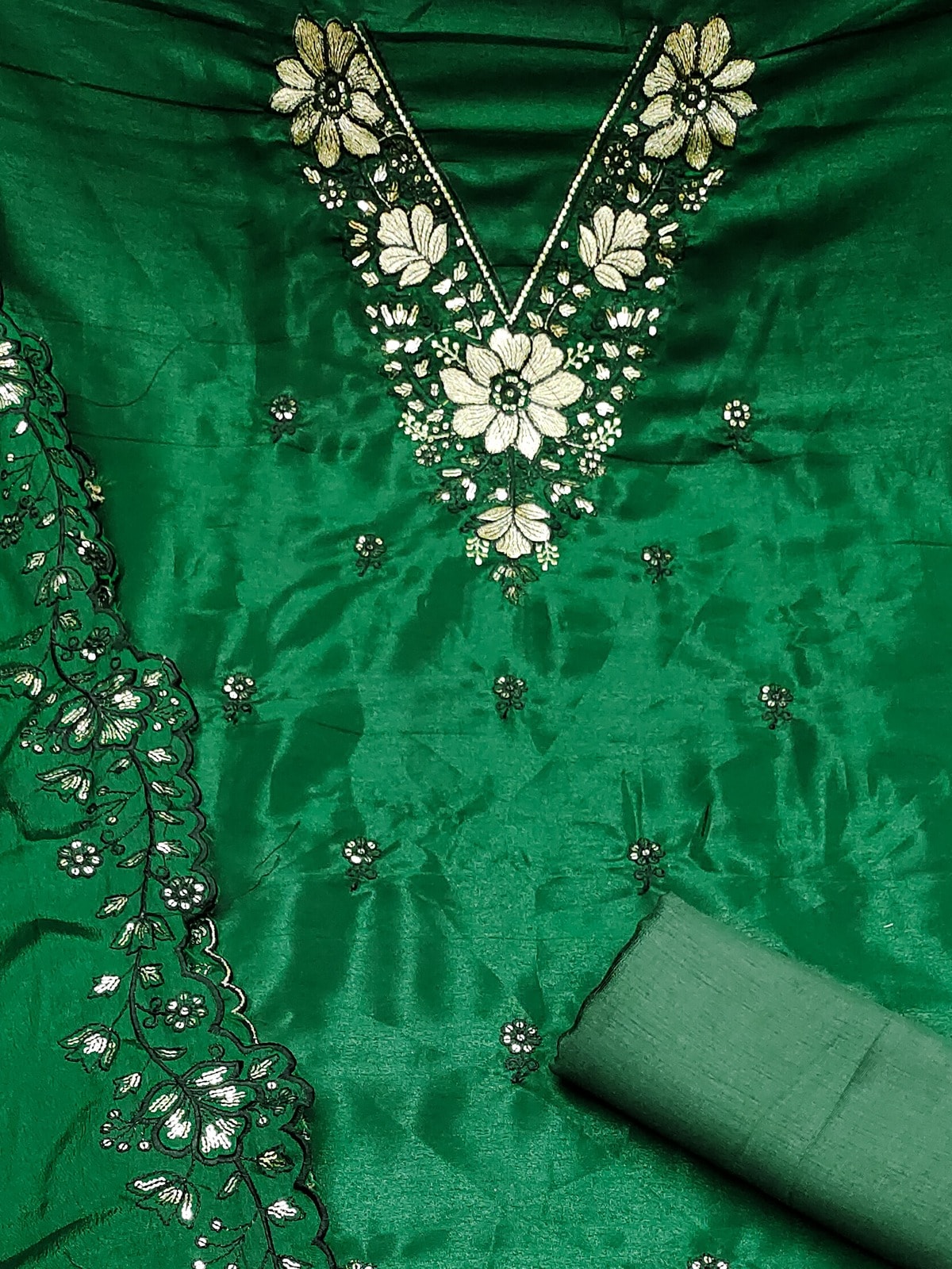 Peachmode Green Thread Sequin Embroidered Chinon Silk Dress Material - Image 5
