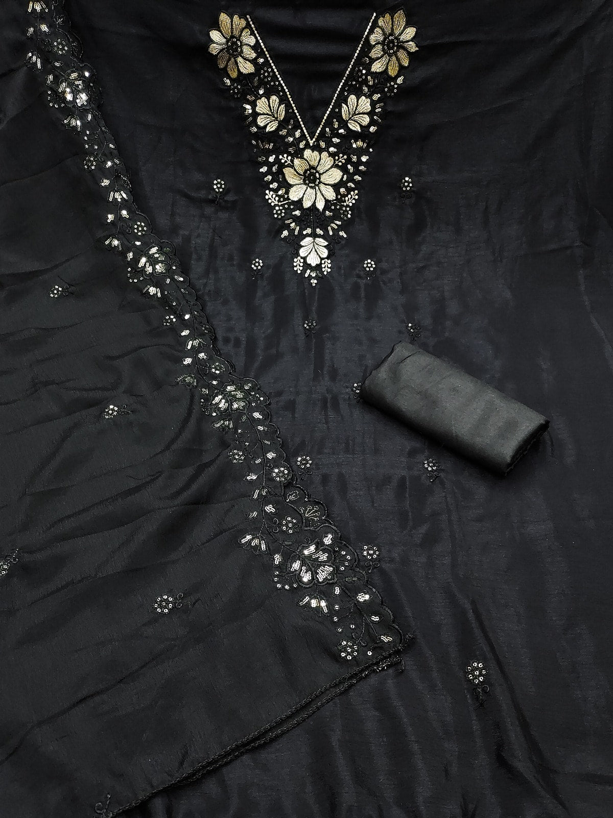 Peachmode Black Thread Sequin Embroidered Chinon Silk Dress Material - Image 3