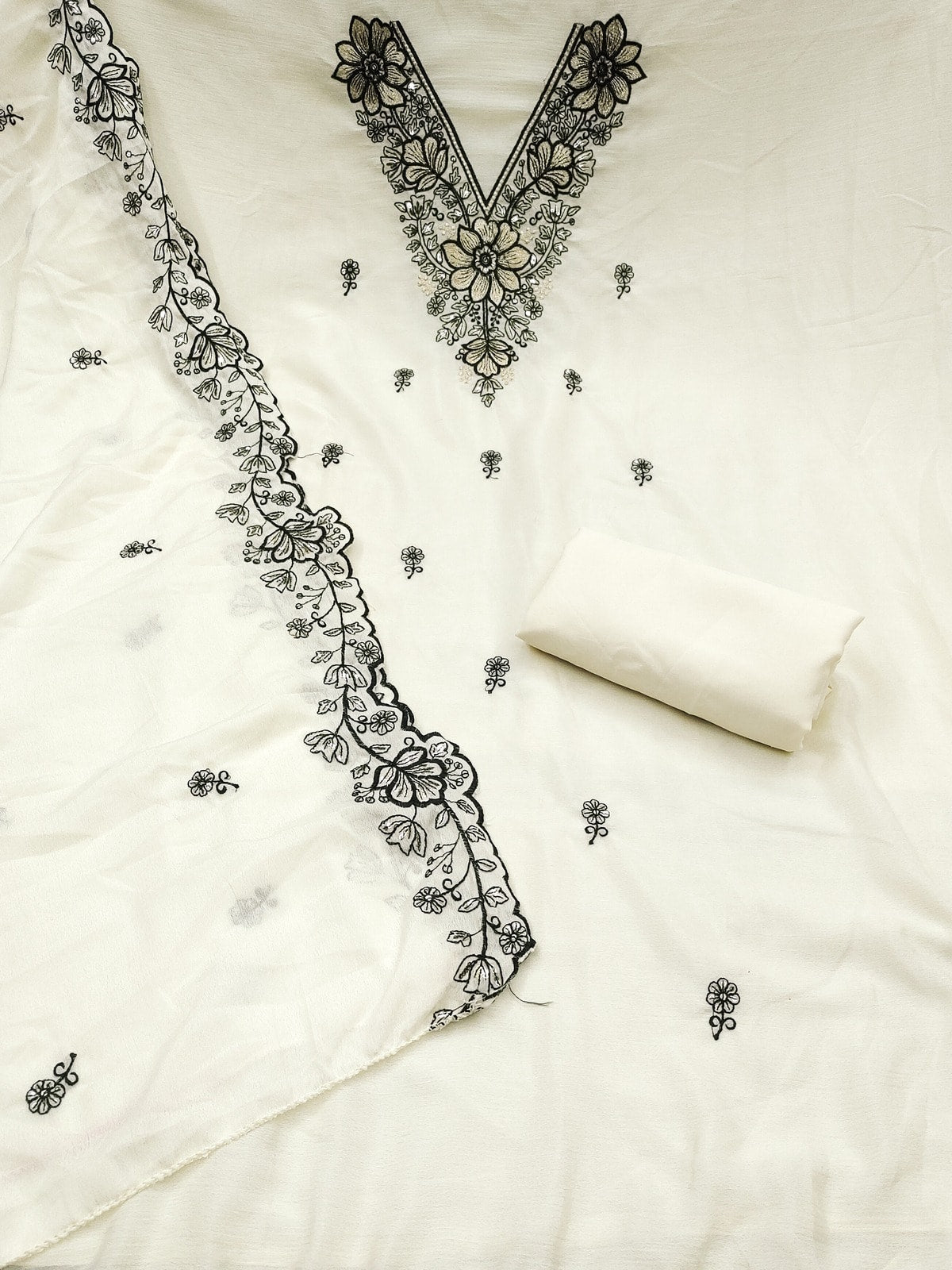 Peachmode Cream Thread Sequin Embroidered Chinon Silk Dress Material - Image 3