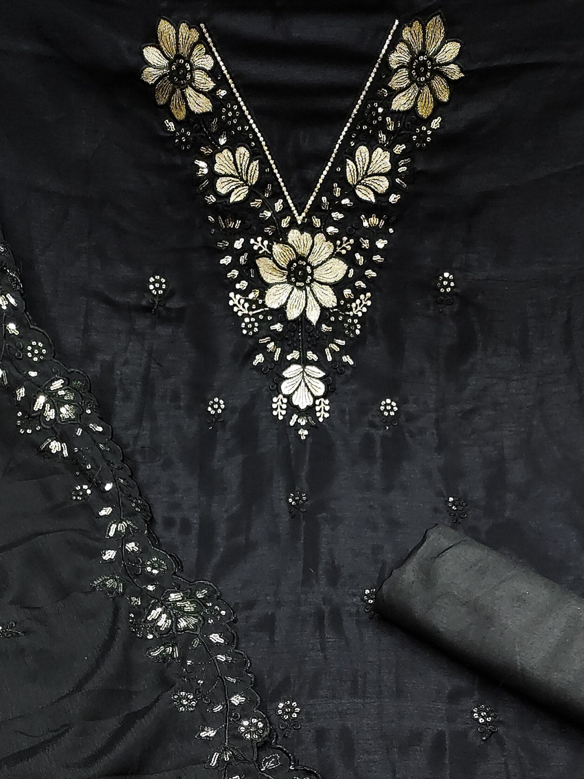 Peachmode Black Thread Sequin Embroidered Chinon Silk Dress Material - Image 5