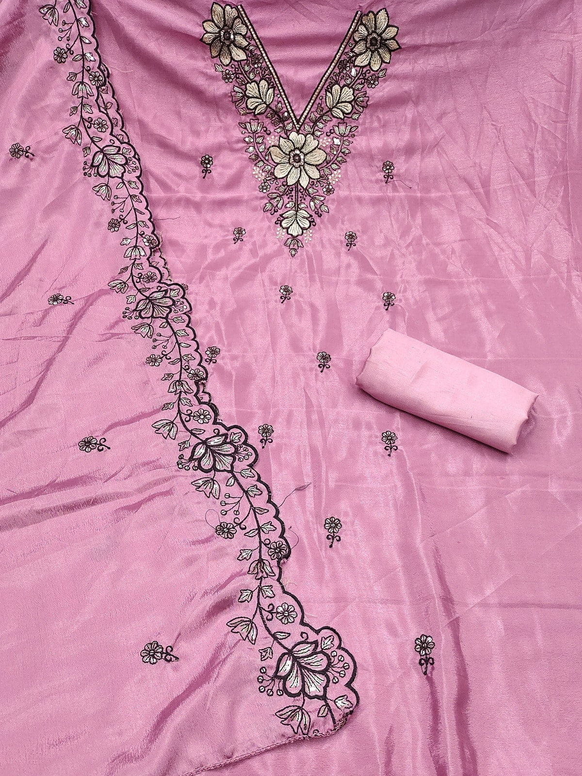 Peachmode Pink Thread Sequin Embroidered Chinon Silk Dress Material - Image 4