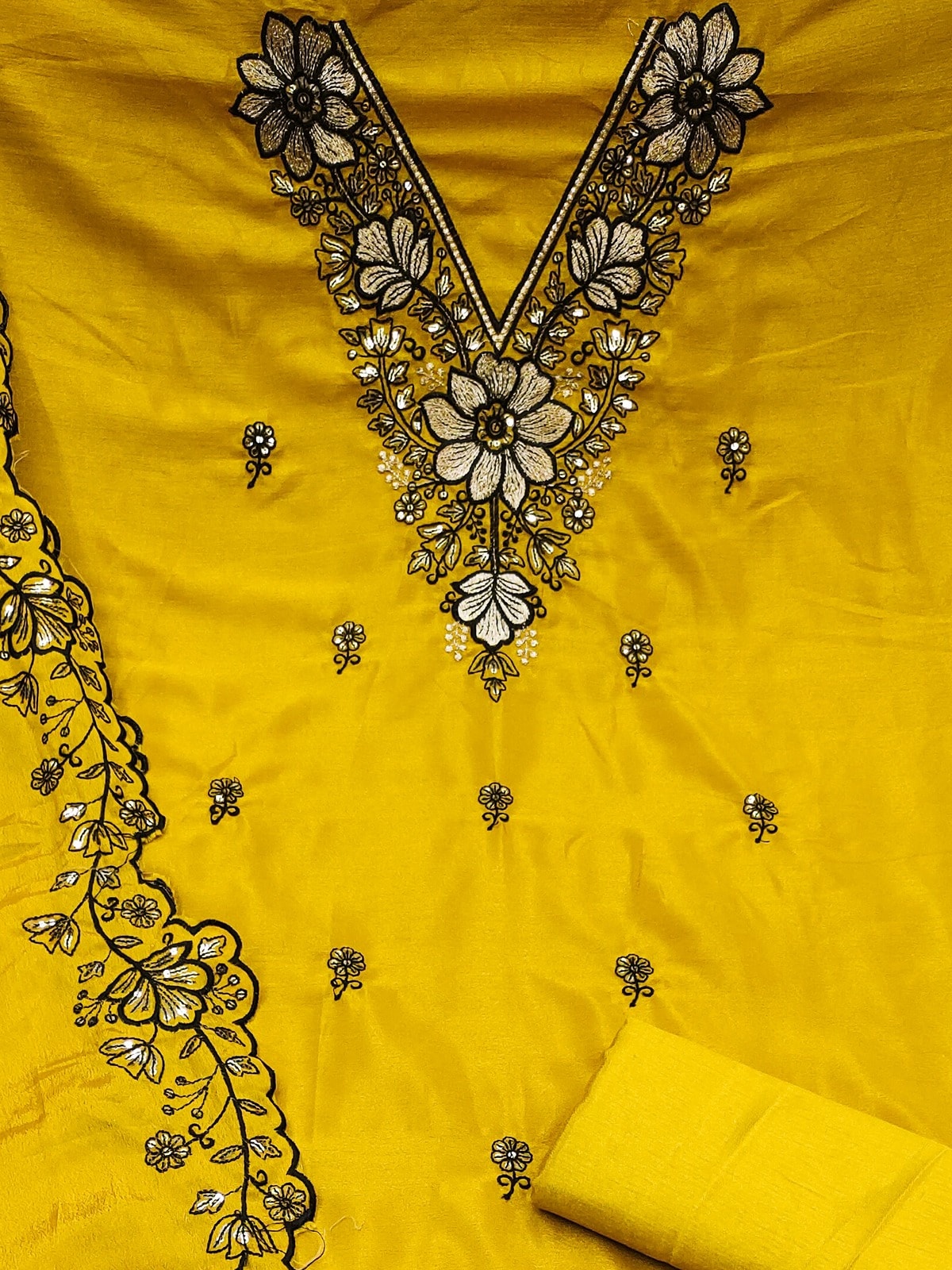 Peachmode Mustard Thread Sequin Embroidered Chinon Silk Dress Material - Image 5