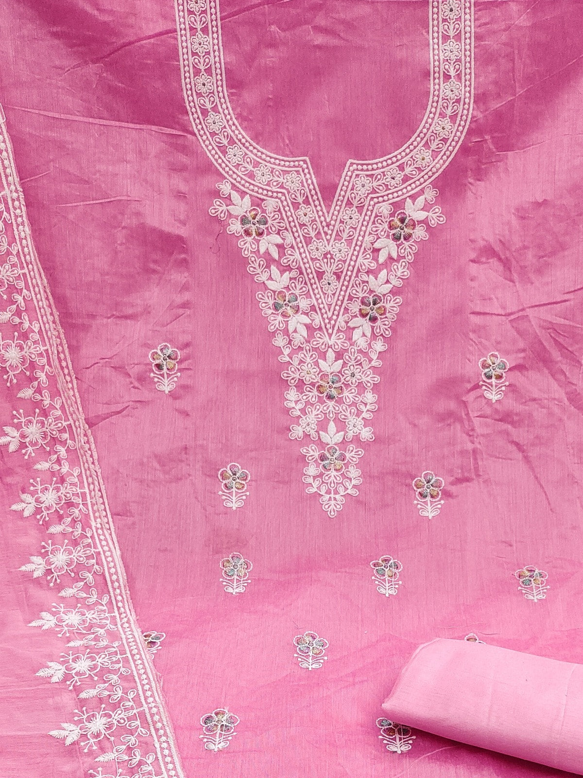Peachmode Pink Thread Work Embroidered Chanderi Dress Material - Image 5