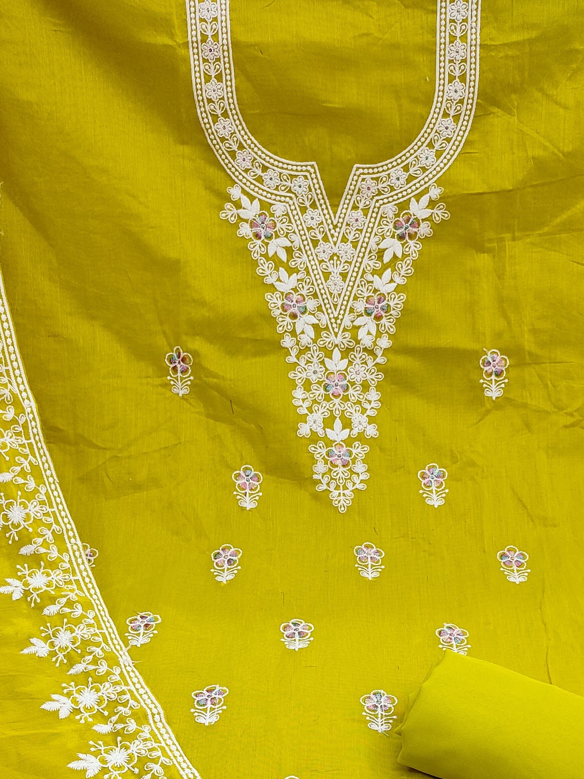 Peachmode Lime Green Thread Work Embroidered Chanderi Dress Material - Image 5
