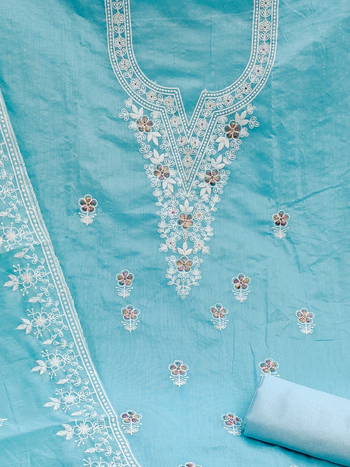 Peachmode Sky Blue Thread Work Embroidered Chanderi Dress Material - Image 5