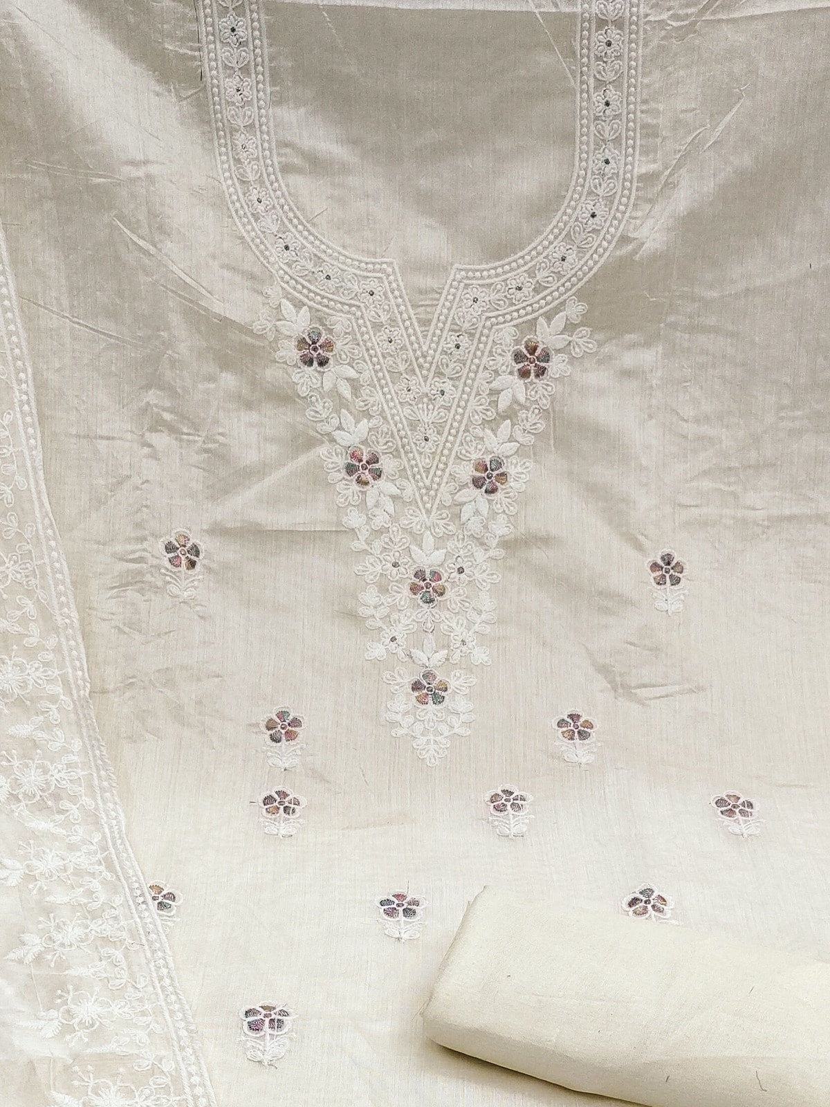 Peachmode Cream Thread Work Embroidered Chanderi Dress Material - Image 5