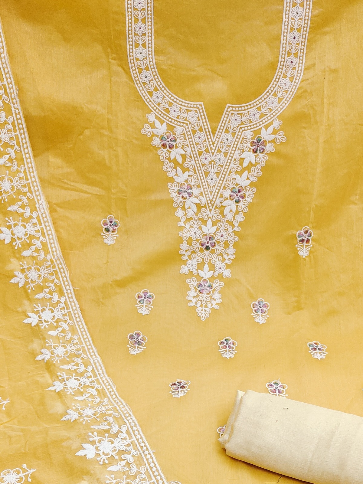 Peachmode Yellow Thread Work Embroidered Chanderi Dress Material - Image 5