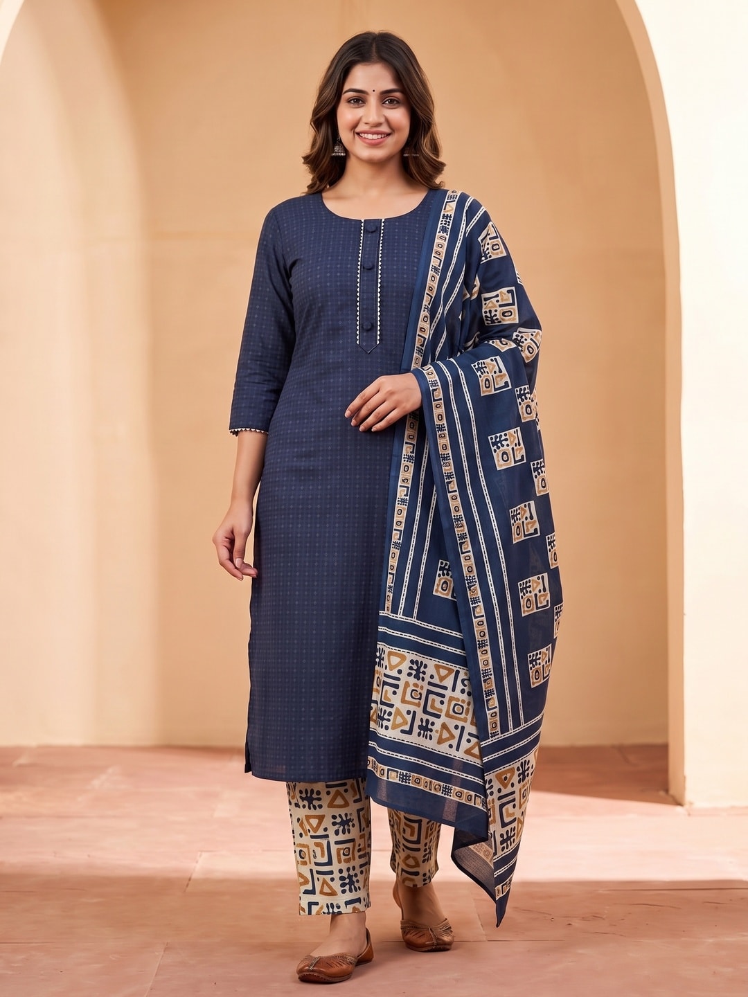 Peachmode Navy Blue Printed Cotton Blend Dress Material - Image 2
