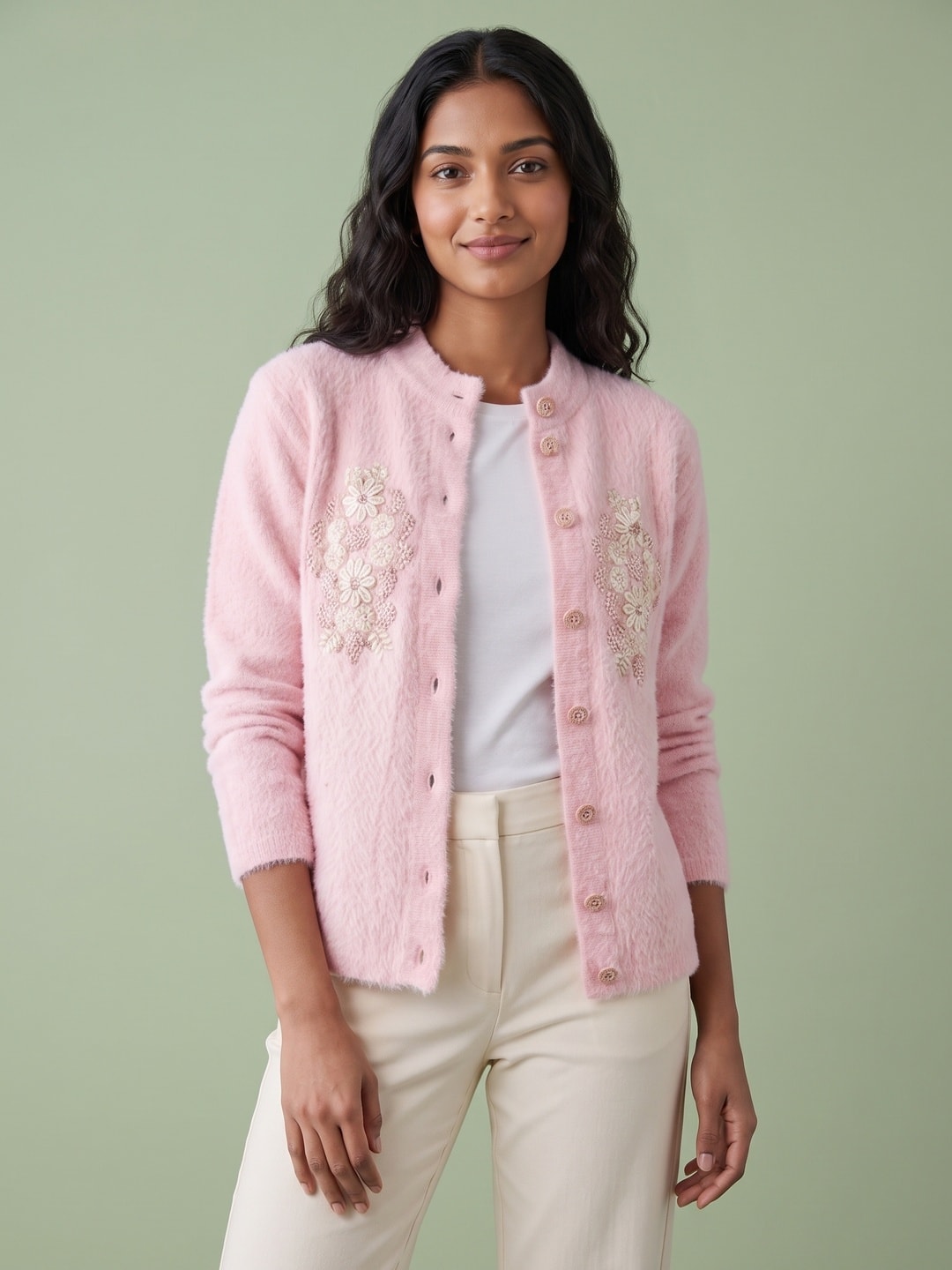 Peachmode Baby Pink Woolen Embroidered Cardigan - Image 1